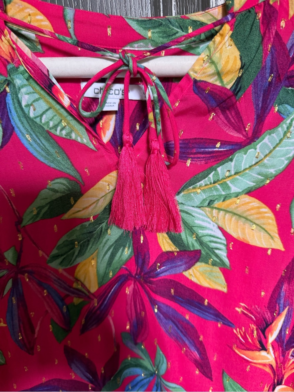 Chico's Fuchsia Tropical Leaf Tassel Blouse - Picture 2 of 12